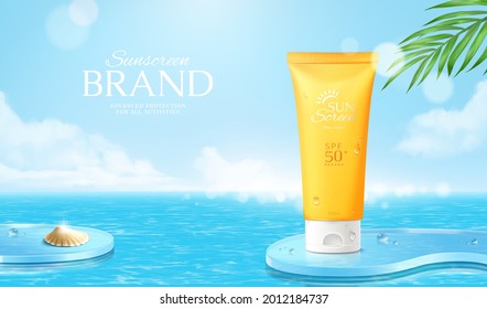 3d summer sunscreen tube ad banner. Illustration of sunblock product display on podium floating in the sea under a good weather