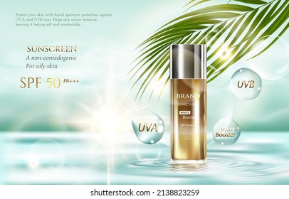 3d summer sunscreen tube ad banner. Illustration of sunblock product display on floating in the sea under a good weather