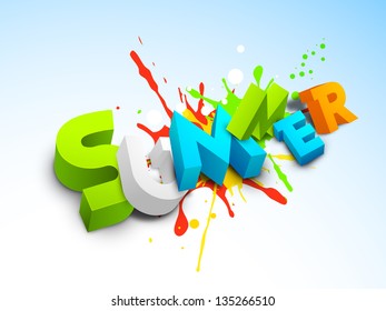 3D Sommertext auf buntem, grauem Hintergrund, Banner, Flyer oder Poster für Sommerferien.