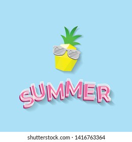 3D summer text and paper art low poly pineaplle with sunglasses - vector illustration