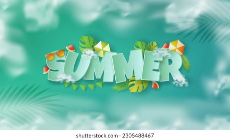 3D Summer text vector banner design with colorful tropical beach elements on green pattern background for summer. Vector illustration.
