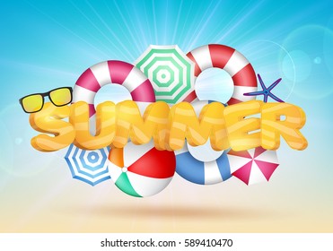 3D Summer Text Vector Illustration with Beach Umbrellas and Beach Ball
