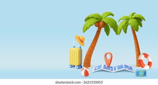 3D summer travel scene featuring palm trees, suitcase with hat, beach ball, map with pin, lifebuoy, and camera. summer vacation concept. 3d rendering. Vector illustration