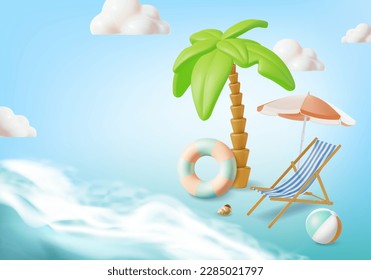 3d Summer Travel and Tourism Concept Background Include of Striped Beach Chair, Swimming Ring and Parasol Umbrella. Vector illustration