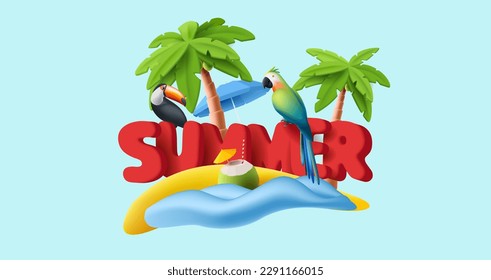 3d summer tropical vacation, beach with wave big typography rounded letters with tropical birds and coconut cocktail