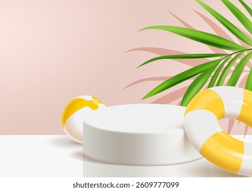 3d summer tube ad banner. Illustration of product display on round podium at hot beach sand, ideal for product display or any seasonal products