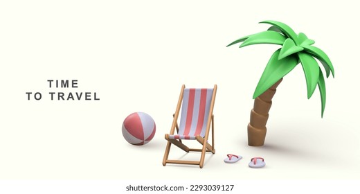 3d summer vacation concept with beach chair, palm trees, beach ball and beach sneakers. Vector illustration.