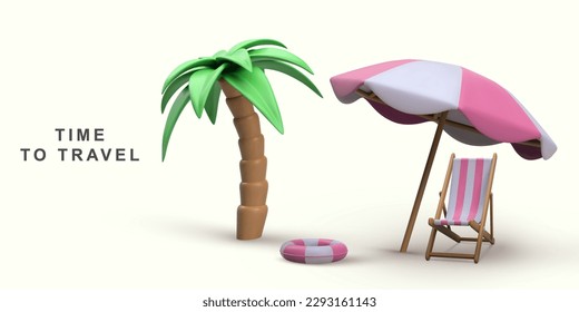 3d concepto de vacaciones de verano con tumbonas, paraguas, palmeras y elementos de verano. Ilustración del vector.