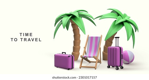 3d concepto de vacaciones de verano con silla de playa, palmeras, bola de playa y bolsas de viaje. Ilustración vectorial.