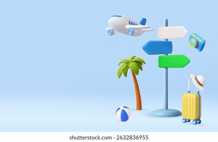 3D summer vacation essentials including airplane, signpost, palm tree, suitcase, beach ball, camera, and hat. Summer Vacation and Tourism Concepts. 3d rendering. Vector illustration