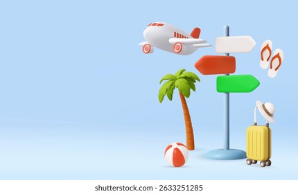 3D summer vacation essentials including airplane, signpost, palm tree, suitcase, beach ball, camera, and hat. Summer Vacation and Tourism Concepts. 3d rendering. Vector illustration