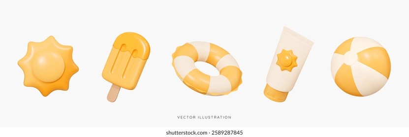 3D Summer vacation icon set. Travel to beach. Yellow ice cream, swim ring, sun cream and inflatable ball. Holidays at sea. Cartoon design icons isolated on white background. 3D Vector illustration