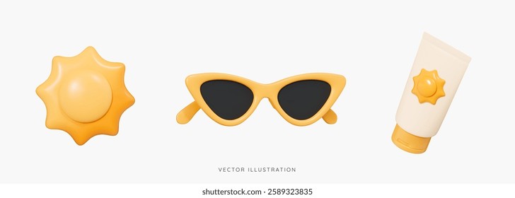 3D Summer vacation icon set. Travel to beach. Yellow sunglasses, sun and sunscreen cosmetic. SPF cream. Holidays at sea. Cartoon design icons isolated on white background. 3D Vector illustration