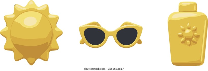 Conjunto de iconos de vacaciones de verano 3D. Viaje a la playa. Gafas de sol amarillas, sol y protector solar cosmético