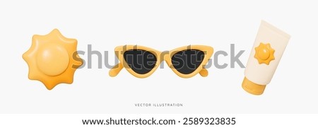 3D Summer vacation icon set. Travel to beach. Yellow sunglasses, sun and sunscreen cosmetic. SPF cream. Holidays at sea. Cartoon design icons isolated on white background. 3D Vector illustration