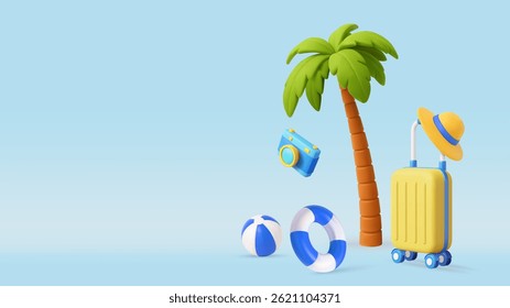 3D summer vacation setup with suitcase, palm tree, beach ball, camera, lifebuoy, and sunhat on a blue background. Summer Journey, Time to Travel Concept. 3d rendering. Vector illustration