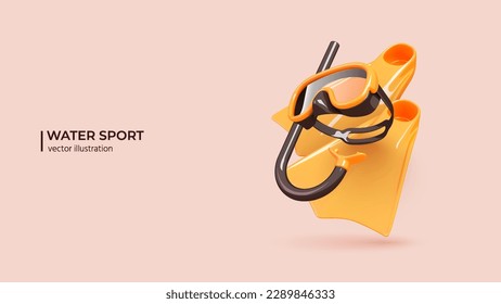 3d Summer water Sport. Realistic 3d design of Set for Snorkeling or Scuba Diving. Diving mask, snorkel and fins in cartoon minimal style. Vector illustration