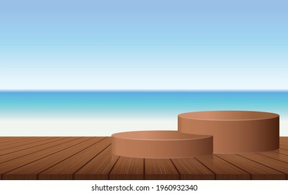 3d summer wood color podium background with geometric pedestal composition design, showcase, to show cosmetic product or presentation with craft style on color background.