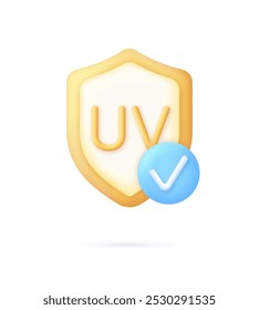 3D Sun block icon with check mark. UV reflection skin after protection. Shield with UV icon. Sun UV Arrow protect radiation. Trendy and modern vector in 3d style