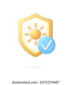 3D Sun block icon. UV reflection skin after protection. Shield with UV icon. Sun UV Arrow protect radiation. Trendy and modern vector in 3d style