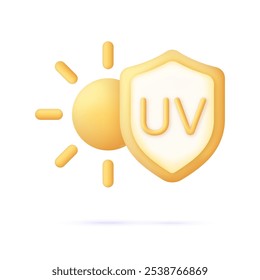 3D Sun block icon. UV reflection skin after protection. Shield with UV icon. Sun UV Arrow protect radiation. Trendy and modern vector in 3d style