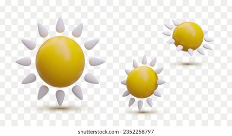 3D-Sonne im Cartoon-Stil. Vektorgelber Zwerg. Von verschiedenen Seiten aus anzeigen. Objekt mit Reflexionen und Schatten. Einzige Illustrationen. Set von Farbsymbolen für Webdesign
