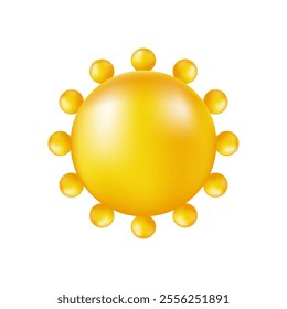 3D sun. Day light. Nature sky star. Hot weather. Summer sunlight. Meteorology forecast. Yellow glossy circle. Sunny render symbol. Sunshine and heat icon. Sunburst ray. Vector solar isolated element