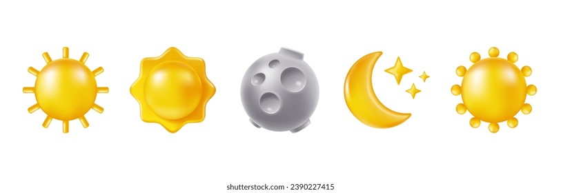 3d sun. Day and night icons. Space moon. Nature sky. Hot weather. Crescent and stars. Summer sunlight. Meteorology forecast. Light yellow and sunny render symbols. Vector cartoon isolated elements set