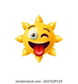 3D Sonne Emoji, cool und niedlich gelb sonnige Charakter, Cartoon Vektor Emoticon. Sonne Emoji mit glücklichem Gesicht, zwinkernd mit Zunge heraus, Kind Maskottchen oder Emoticon glänzend lächelnde Sonne mit albernem Ausdruck