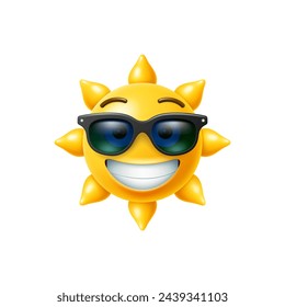 Emoji de sol 3d, personaje soleado amarillo fresco en gafas de sol. Personaje realista del sol, la luz del sol del verano aislado personaje vectorial o el clima caliente divertida mascota. Emoji lindo del sol de primavera