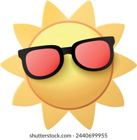 3d sun emoji, cool yellow sunny character
in sunglasses. Sun realistic personage,
summer sunlight isolated vector character
or hot weather funny mascot. Cartoon icon, sticker, logo, sign summer vector