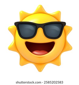 3d sun emoji. Summer sun with sunglasses, happy smiling emoticon in render style, cute cartoon character. Social media mascot vector icon isolated on white background.