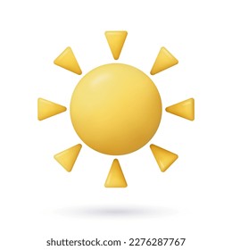 3d sun icon. Realistic yellow plastic three dimensional summer design elements. Vector Illustration of sun with sunbeams on white background with shadow underneath.