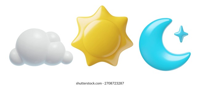 Iconos 3D del sol, de la luna y de la nube, Elementos plásticos del Vector del día y de la noche fijados aislados en el fondo blanco.