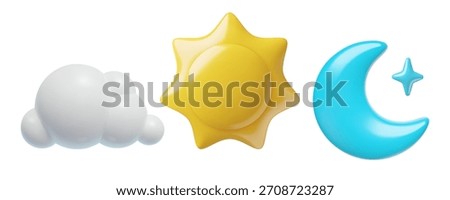 3d sun, moon and cloud icons, day and night plastic vector elements set isolated on white background.