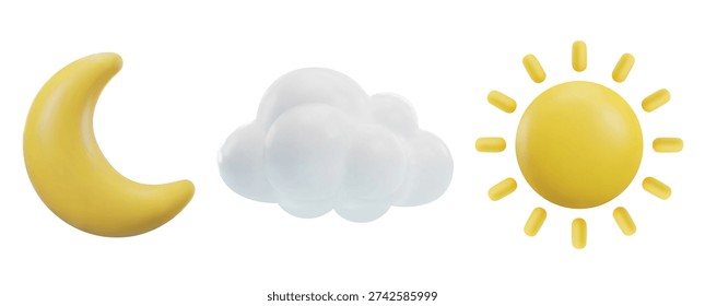 3d sun, moon and cloud. Realistic yellow sun, crescent with stars and blue rain cloud weather realistic glossy icons. Sunny day, clear night and cloudy sign. Vector isolated set.