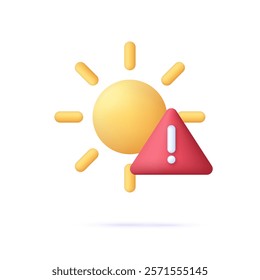 3D Sun warning icon. Exclamation mark. High temperature warning sign. Hot summer day, heat, climate change concept. Trendy and modern vector in 3d style