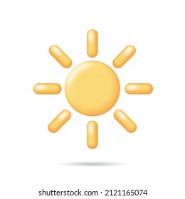 3D sun weather icon. Mobile element sunny travel summer logo. Sunscreen cream symbol spf button yellow rays glowing vector illustration