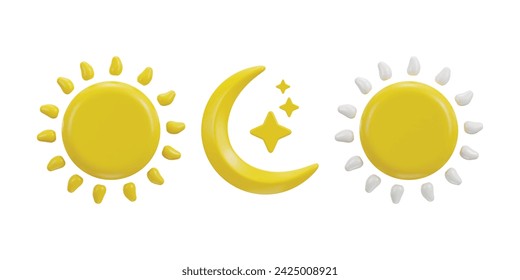 3d sun with yellow moon and star icon set