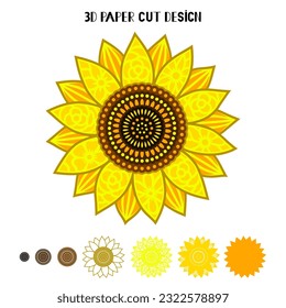 3D Sunflower mandala. Vector paper or laser cut template. Flower silhouette. Summer multilayer illustration. Isolated on white background. Decorative symboll.	