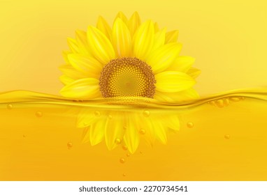 3d sunflower oil, natural flower in liquid. Realistic agriculture plant for cook or oiling, gold natural food objects, supermarket posters and products labels. Vector realistic neoteric background svg