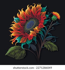 3d sunflower. Tapestry bright sunflower, buds, leaves pattern. Embroidery floral vector background illustration with beautiful stitch textured sunflowers. Surface stitching texture. For decor, prints. svg