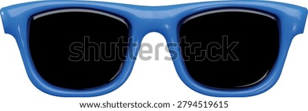 3D sunglasses with black lenses and a blue frame. Summer accessory, children's toy, carnival decor. Tourism, travel, eye protection, fashion, leisure, entertainment. Vector. Render. Icon.