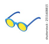 3d sunglasses icon. blue sunglasses with yellow lens optic for summer beach, tourism, travel, vacation, holiday concept. 3d rendering. Vector illustration