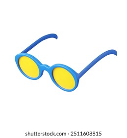 Icono de gafas de sol 3D. gafas de sol azules con lente amarilla óptica para playa de verano, turismo, viajes, vacaciones, concepto de vacaciones. Renderización 3D. Ilustración vectorial