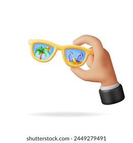 3D Sunglasses with Palm Trees and Beach in Hand. Render Summer Sunglasses with Beach Reflection. Concept of Summer Vacation or Holiday, Time to Travel. Beach Relaxation. Realistic Vector Illustration