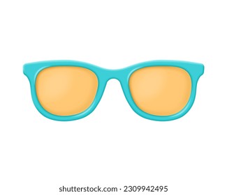 Icono vectorial de gafas de sol 3d. Hacer gafas de sol azules con lente óptica amarilla para playa de verano, turismo, viajes, vacaciones, concepto de vacaciones. Ilustración de dibujos animados de lentes de plástico realistas