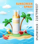 3D Sunscreen ad on isolated island. Sunblock spray on oceanic island with palm trees, beach ball, sunglass and crab on summer daytime.