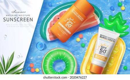 3d sunscreen ad template in sunbathing theme. Top view of plastic mock-ups lying on fruit shaped lilos and floating on swimming pool water. Concept of summer day skincare.