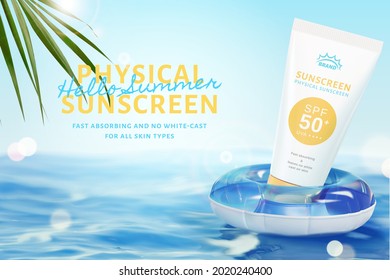 3d sunscreen ad template in tropical ocean theme. Tube mock up floating on a swim ring. Suitable for summer cosmetic product promotion.